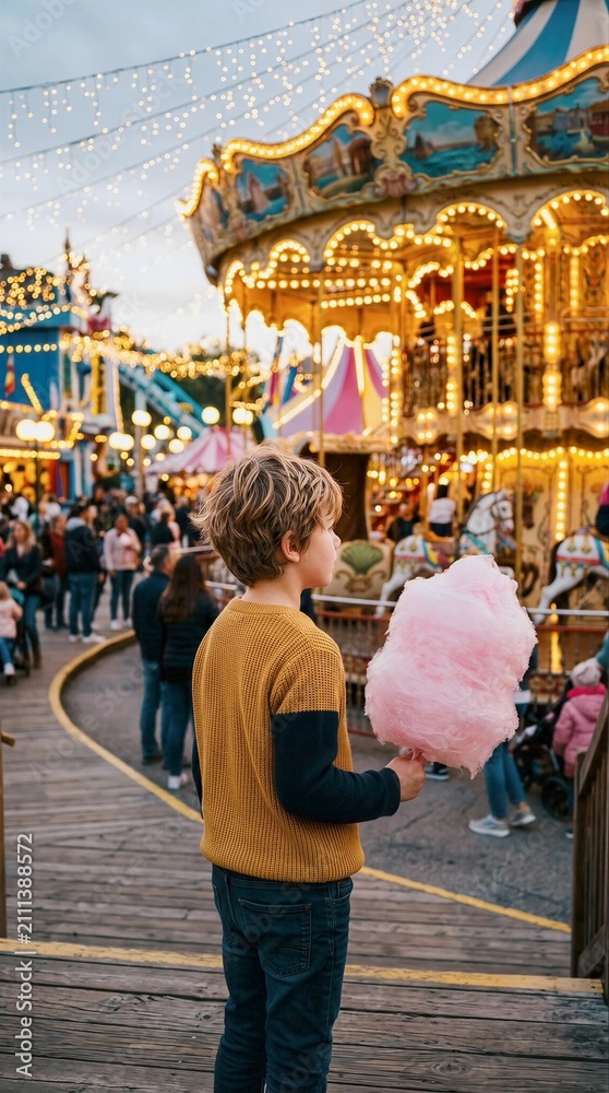 Obraz premium Young boy holding pink cotton candy at amusement park with carousel in background