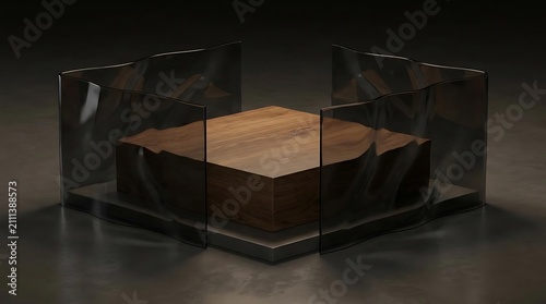 Wooden podium surrounded by smoky tinted glass panels.