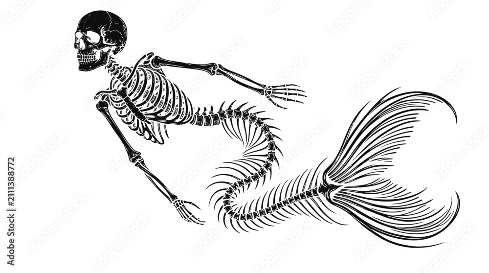 Fototapeta premium Illustration of a spooky mermaid skeleton swimming with a fish tail bone structure in a dark and mysterious style