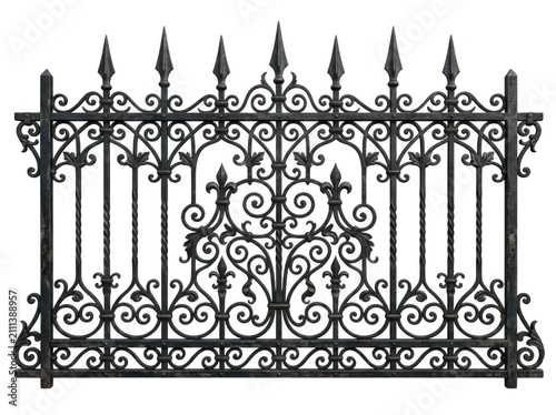 Gothic wrought iron fence section with intricate patterns isolated on transparent background. Traditional.