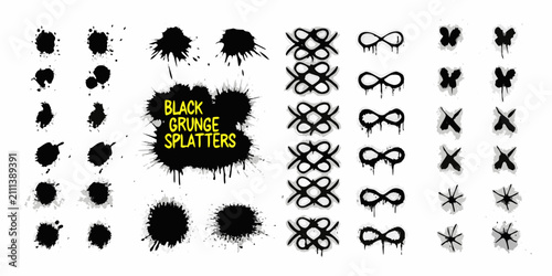 Tableau sur toile Black grunge splatters and abstract shapes on a white background a collection of