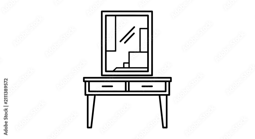 Fototapeta premium Simple black line drawing of a vanity with mirror with minimalist line black white line art furniture interior decor icon