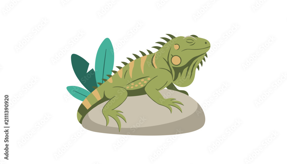 Fototapeta premium Detailed illustration of a green iguana resting peacefully on a grey rock with lush tropical leaves behind.