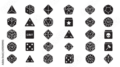 Fotografie Tabletop RPG dice icons set, 30 black polyhedral dice vector elements, dnd gamin