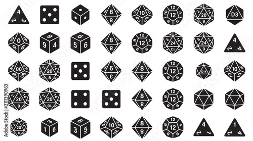 Fotografie Tabletop RPG dice icons set, black polyhedral gaming dice vector collection, d20
