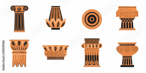 Obraz na płótnie Ancient greek column capitals and vase elements vector illustration