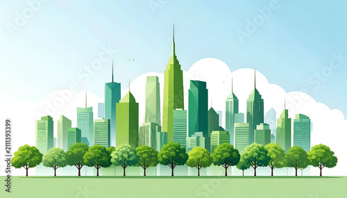 Green City Skyline with Lush Trees and Blue Sky.