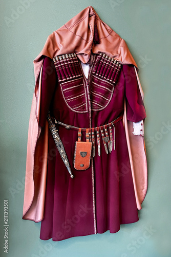 Georgian National Men's Red Costume Chokha. Traditional Caucasian Clothes.