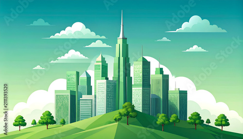 Green Cityscape with Eco-Friendly Skyscrapers and Lush Hills.