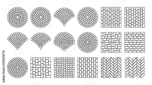 Cobblestone and brick paving patterns vector line art set, various shapes for site maps