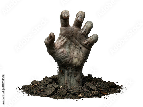 A creepy zombie hand emerging from the ground, isolated on transparent background. Perfect for Halloween horror design.