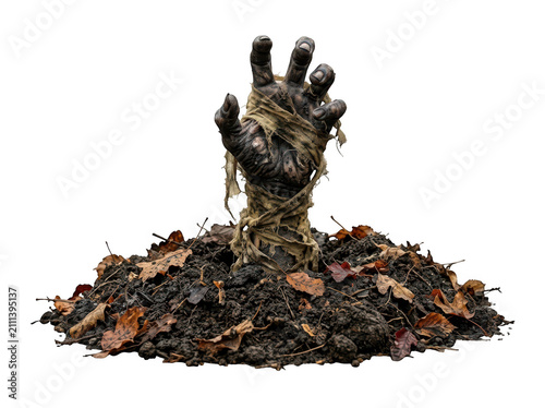 A wrapped mummy hand rising from an autumnal leaf pile, isolated on transparent background. Ideal for haunted house.