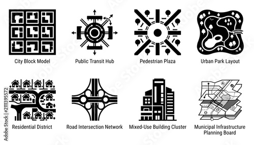 Quadro su tela Urban Planning Diagrams Showing City Block Models, Transit Hubs, Pedestrian Plaz
