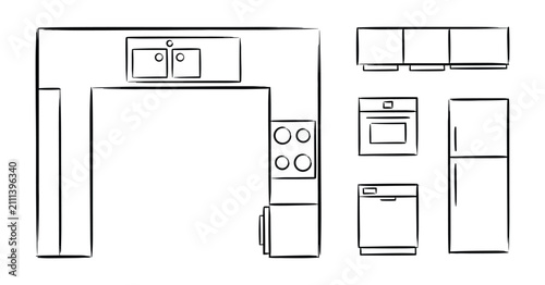 Foto U-shaped kitchen layout top view with separate appliance icons line drawing