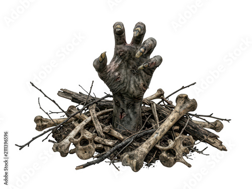 A skeletal zombie hand reaching through bones and debris, isolated on transparent background. Great for dark fantasy.