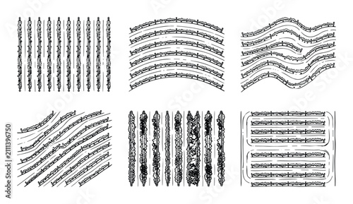 Vineyard planting rows symbols vector set, various straight, curved, wavy