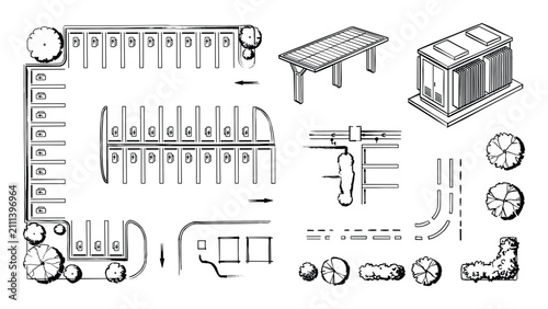 Electric vehicle charging plaza diagram showing station layout, solar carport, utility box