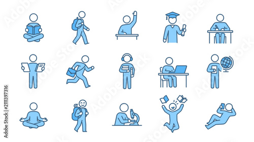 Canvastavla Collection of stylized blue icons representing students and educational activities