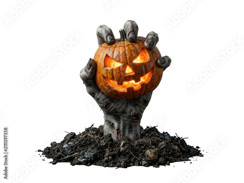 Zombie hand holding a glowing jack o lantern isolated on transparent background. Halloween scary concept.