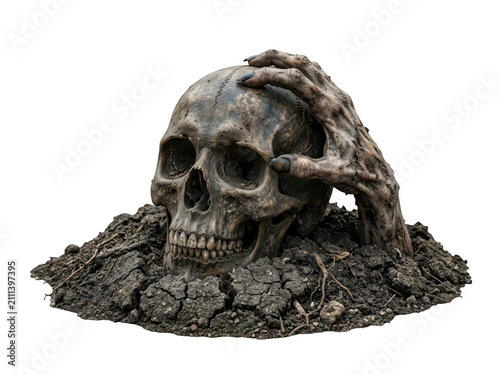 Zombie hand grasping a skull from earth isolated on transparent background. Halloween horror concept.