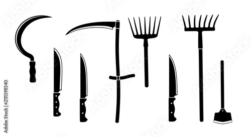 Obraz na płótnie Black silhouettes of various farm and kitchen tools on white background with inc
