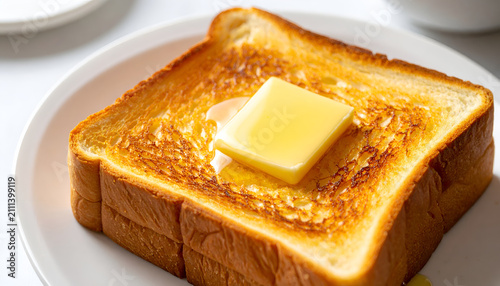 Delicious Golden Brown Toast with Melting Butter on a White Plate.