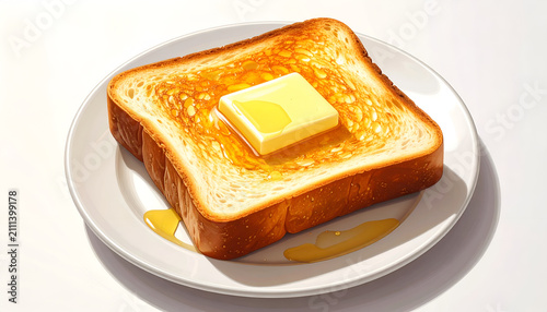 Delicious Golden Brown Toast with Melting Butter and Honey Drizzle on a White Plate.