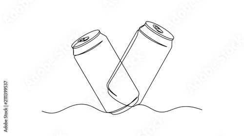 Continuous single line drawing of two aluminum soda cans side by side with beverage