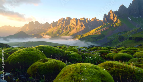 Misty Mountain Landscape with Mossy Boulders at Sunrise.