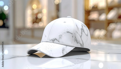 Stylish White Marble Pattern Baseball Cap on a Reflective Surface.