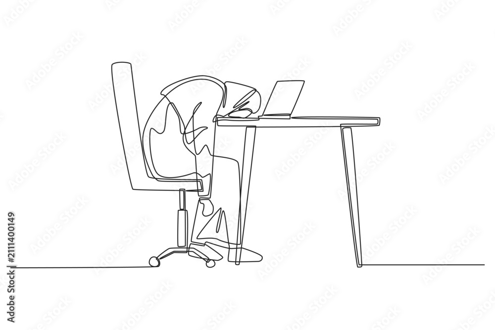 Fototapeta premium A continuous line drawing depicting an exhausted human Arab businesswoman resting her head on an office desk beside a laptop screen, expressing total burnout and fatigue in minimalist vector art.
