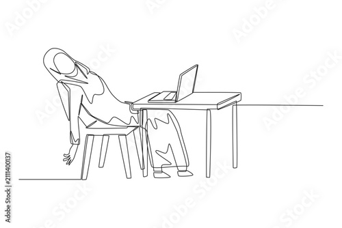 Foto A continuous single line drawing showing an Arab businesswoman slumping backward in her office chair with exhaustion, overwhelmed by severe workplace stress and fatigue