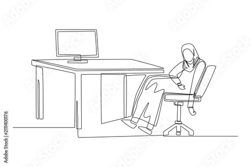 Foto A continuous line drawing depicting an exhausted human Arab businesswoman slumping back on her office chair away from her desk, showing corporate fatigue in minimalist black vector line art