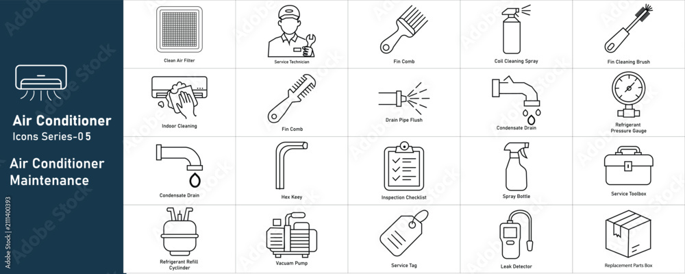 Naklejka premium Air conditioner maintenance icons set, HVAC repair service line vector elements, 20 professional cooling system technician tools and equipment