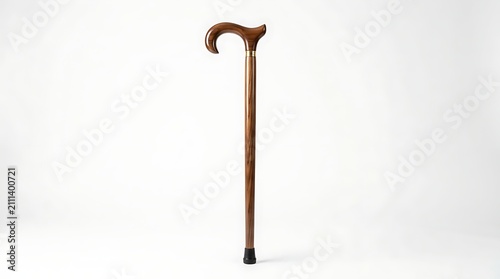 Stylish wooden walking cane with curved handle isolated on white background
