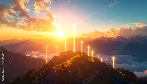 Golden Sunrise Over Mountain Peaks With Upward Arrows Symbolizing Growth.