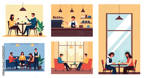 People meeting, working, drinking coffee, and chatting inside modern cafe interiors set of flat illustrations.