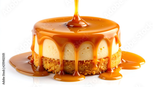 Delicious Caramel Drizzle Cheesecake Dessert Isolated on White Background.