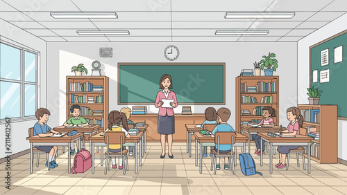 Friendly schoolteacher standing in front of classroom of primary school children sitting at their wooden desks and listening.
