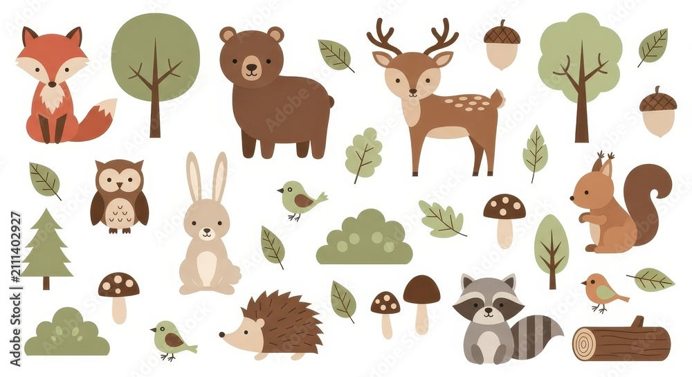Fototapeta premium Cute Woodland Animals and Forest Elements Vector Set with Fox, Bear, Deer, and Owl for Children's Design
