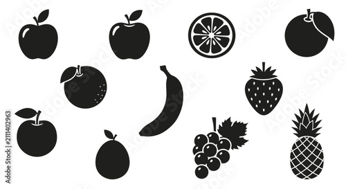Black silhouettes of various fruits on white background with banana strawberry pineapple fruits including apples pineapple grapes citrus citrus arranged plain