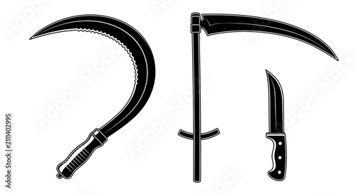 Bild auf Leinwand Black and white illustration of three types of blades with illustration sickle s