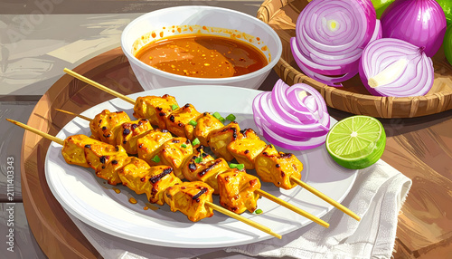 Delicious Chicken Satay Skewers with Peanut Sauce and Lime.