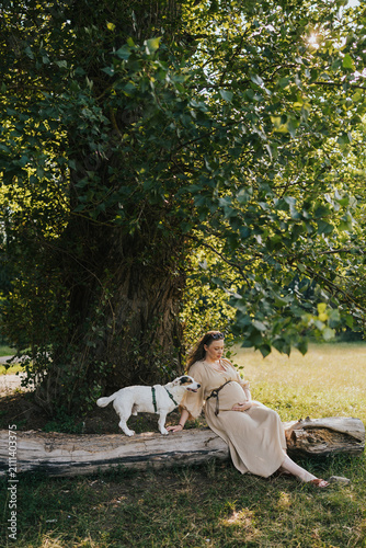 Vertcial shot of a pregnant Woman and her dog Resting on a Fallen Tree Trunk in a Sunny Park