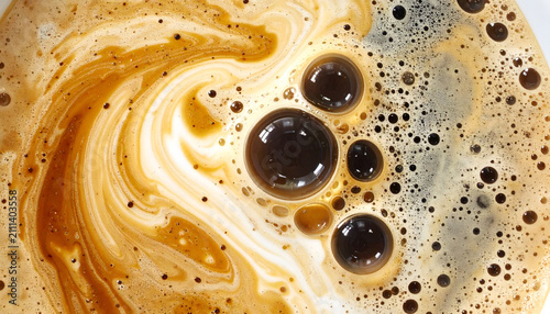 Close-up Macro Shot of Coffee Foam Bubbles and Swirls.
