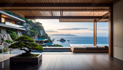 Luxury Modern Villa with Ocean View and Bonsai Tree.