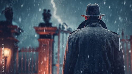 Mysterious man in dark coat and hat standing in rainy night with lightning