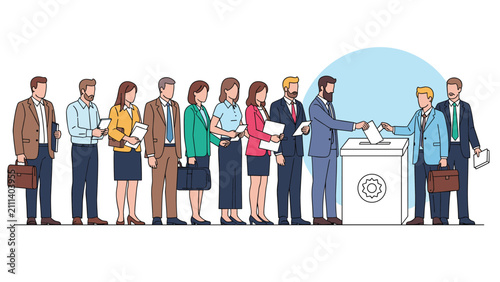Diverse group of citizens in professional business attire standing in a long line to cast their votes at a ballot box.