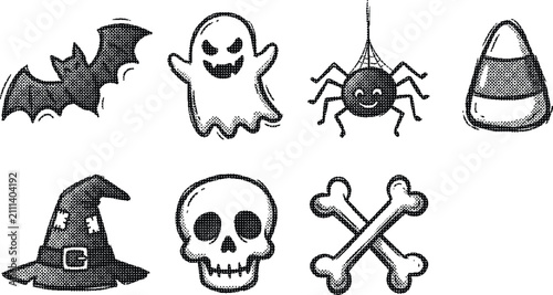 Bild auf Leinwand Halloween Doodle Icon SetA collection of hand-drawn style Halloween vector icons including a bat, ghost, spider, candy corn, witch hat, skull, and crossbones