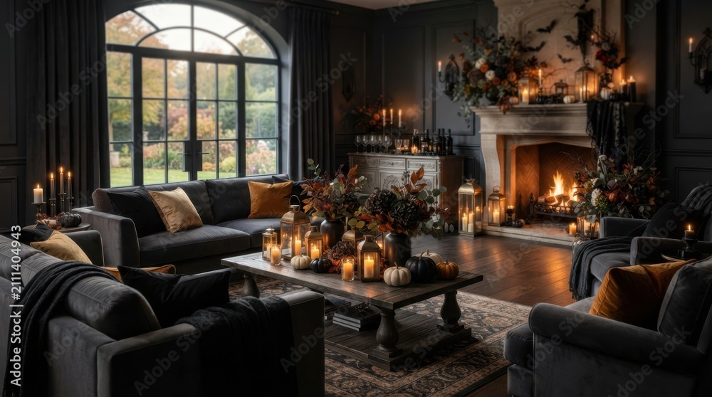 Obraz premium Cozy living room decorated for Halloween with a fireplace and pumpkins
